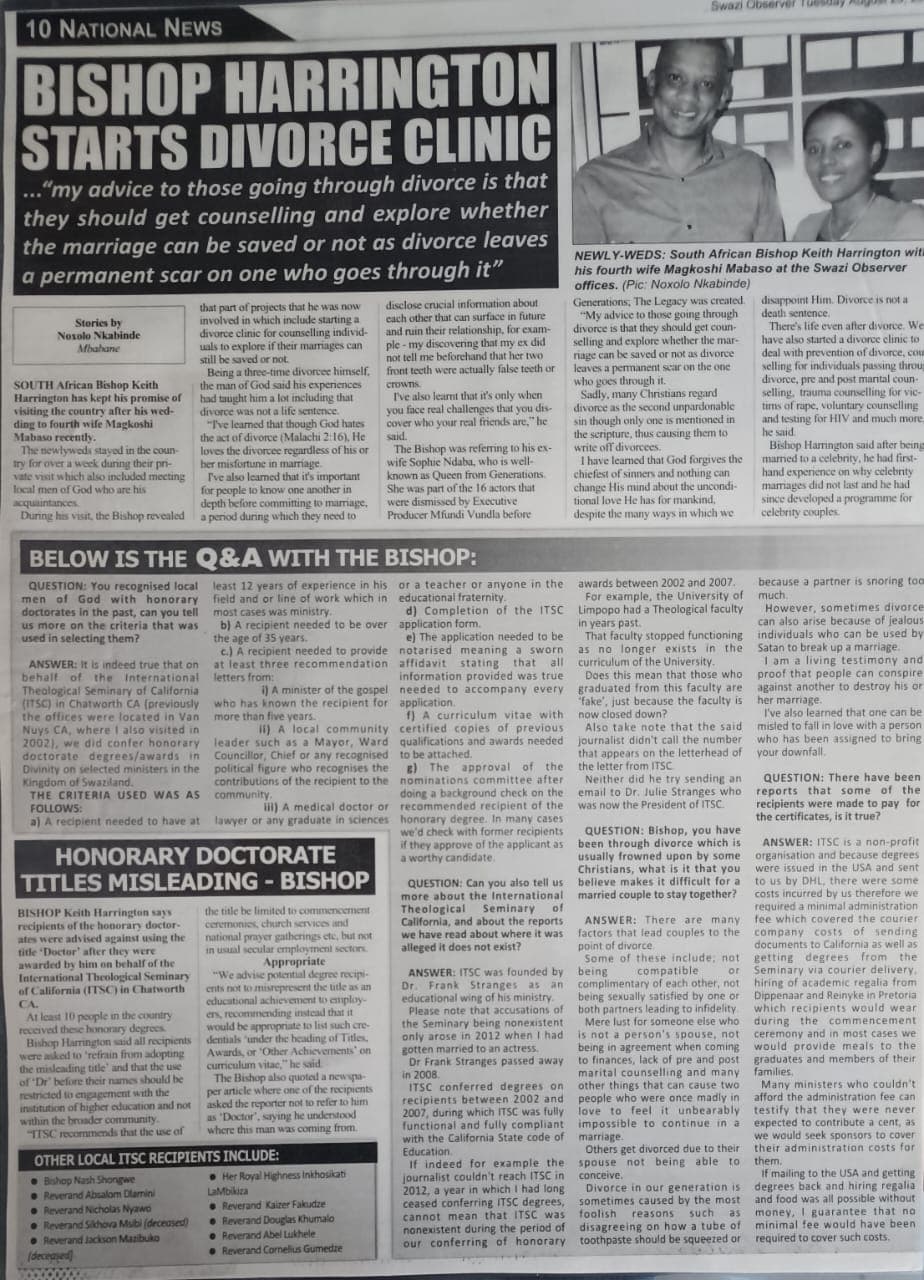 Bishop Harrington Starts Divorce Clinic